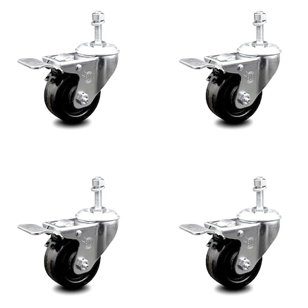 Service Caster 3 Inch Phenolic Swivel 3/8 Inch Threaded Stem Caster Set with Total Lock Brake SCC-TSTTL20S314-PHR-381615-4